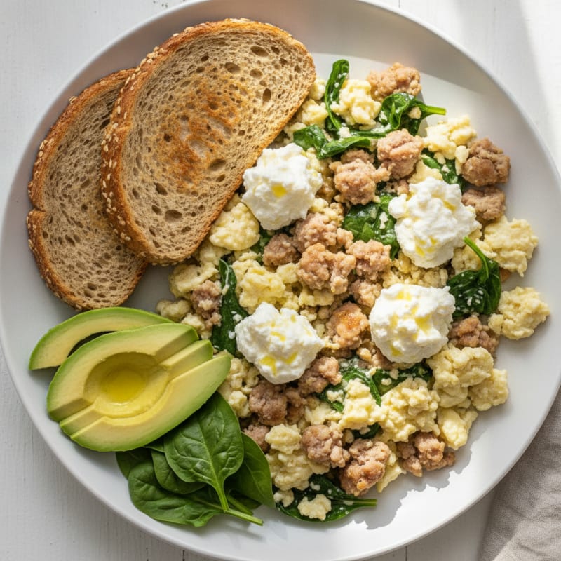 Egg White Scramble with Turkey Sausage and Cottage Cheese