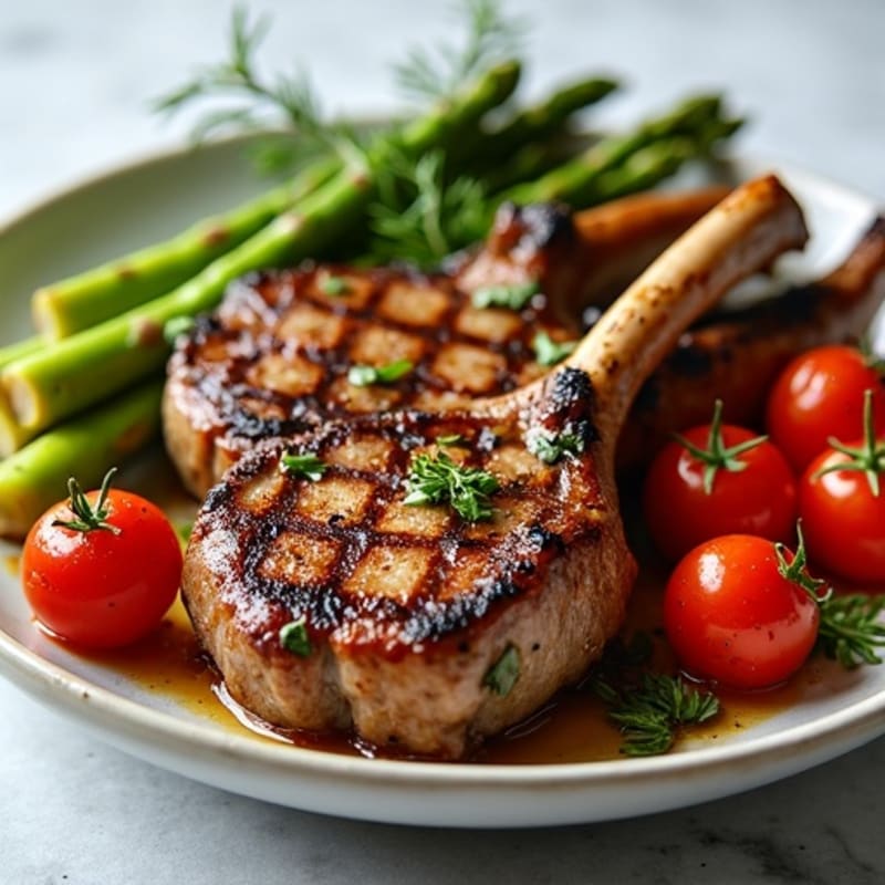 Grilled Herb Lamb Chops with Roasted Asparagus and Cherry Tomatoes