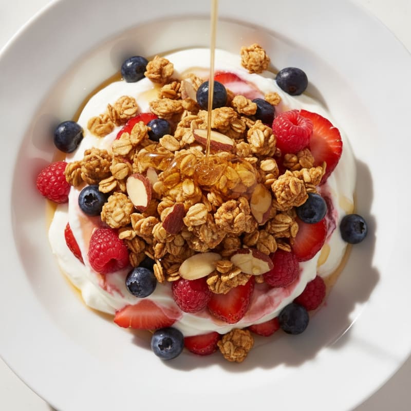 Creamy Greek Yogurt Parfait with Mixed Berries and Crunchy Almond Granola