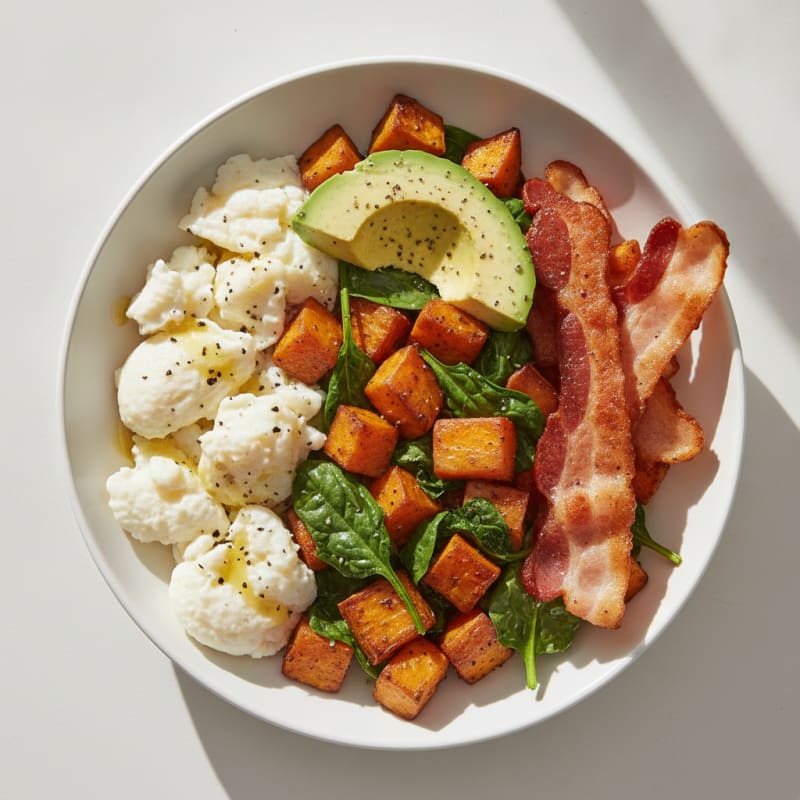 Crispy Turkey Bacon and Egg White Breakfast Bowl with Sautéed Spinach