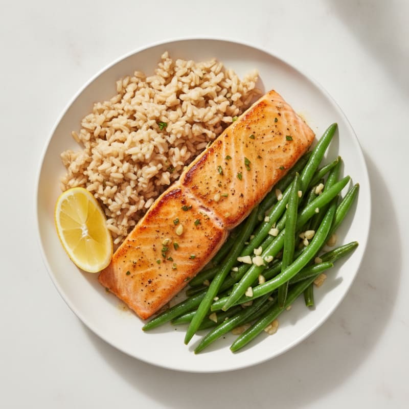 Seared Salmon with Garlic Green Beans and Brown Rice