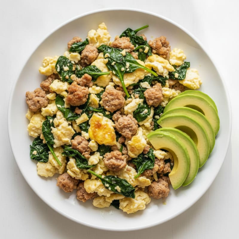 Egg White and Turkey Sausage Scramble with Sautéed Spinach