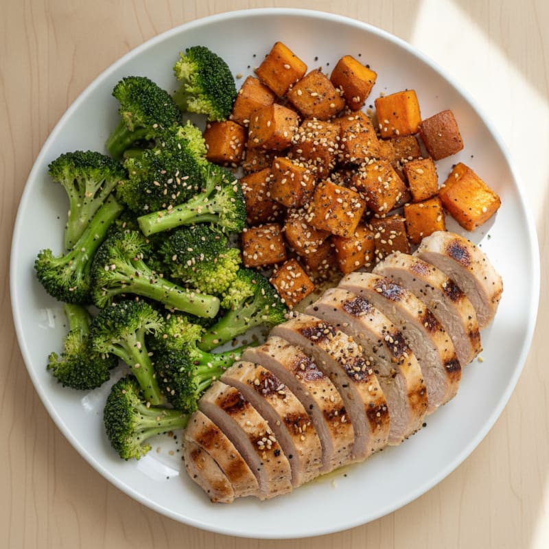 Grilled Turkey Breast with Roasted Sweet Potato and Steamed Broccoli