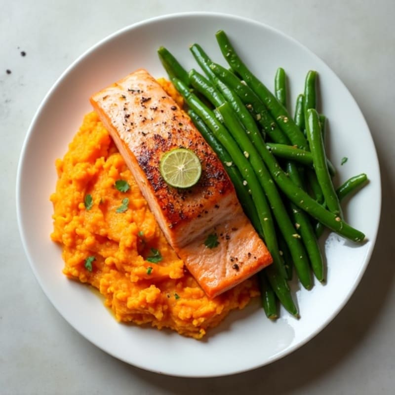 Seared Salmon Fillet with Garlic Green Beans and Sweet Potato Mash