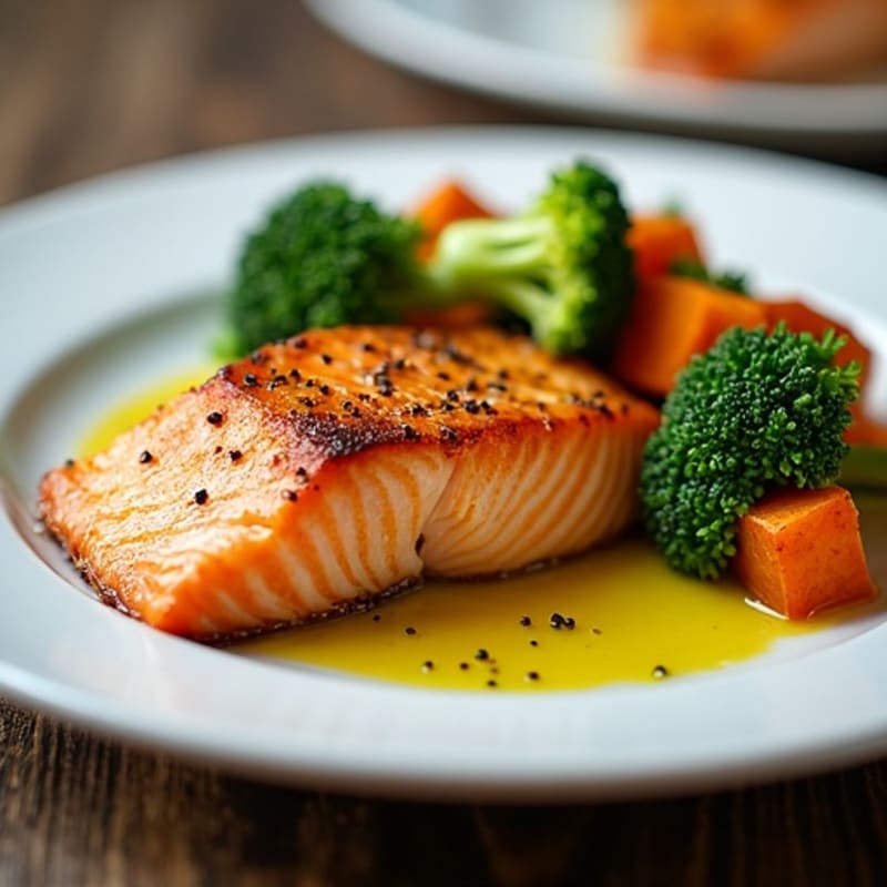 Seared Salmon with Roasted Sweet Potato and Steamed Broccoli