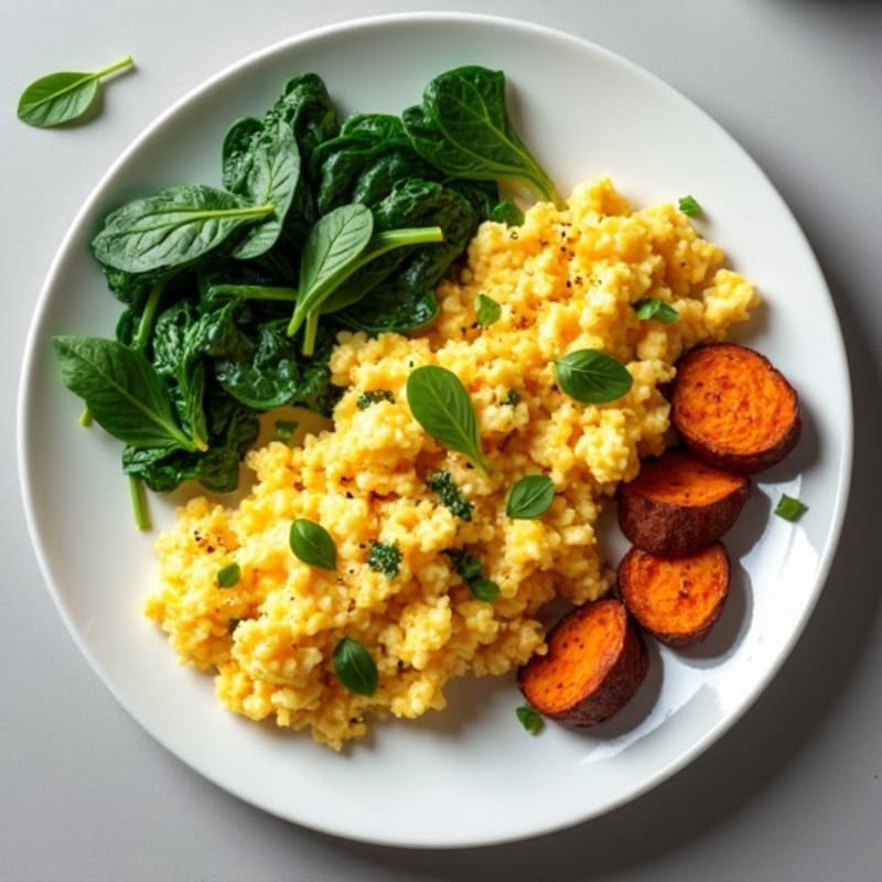 Egg White and Spinach Scramble with Roasted Sweet Potatoes