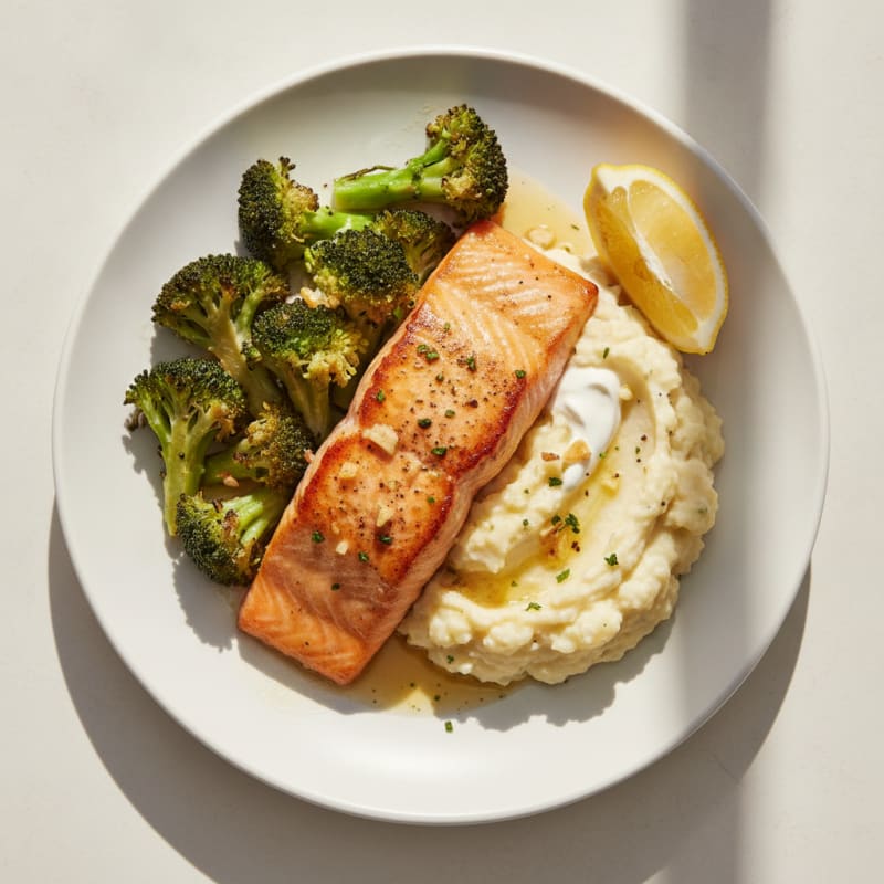 Seared Salmon with Roasted Broccoli and Garlic Mashed Cauliflower