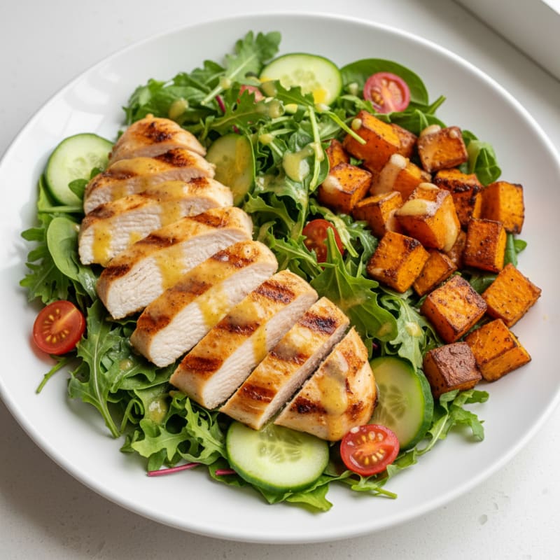 Grilled Chicken Salad with Roasted Sweet Potatoes
