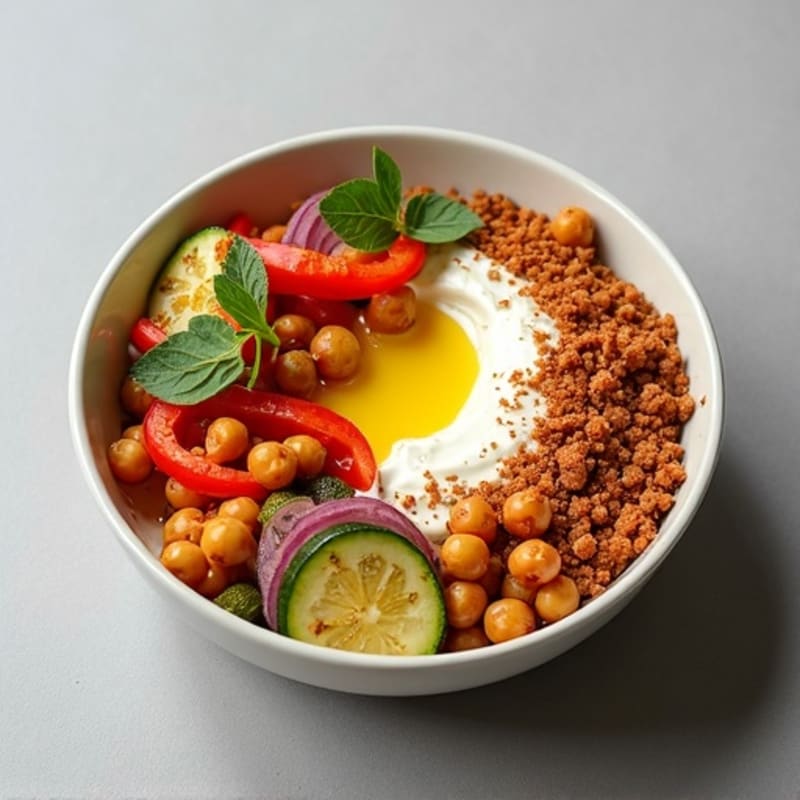 Creamy High-Protein Kwark Bowl with Roasted Vegetables and Crispy Chickpeas