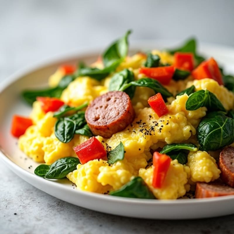 Fluffy Egg Scramble with Spinach and Turkey Sausage