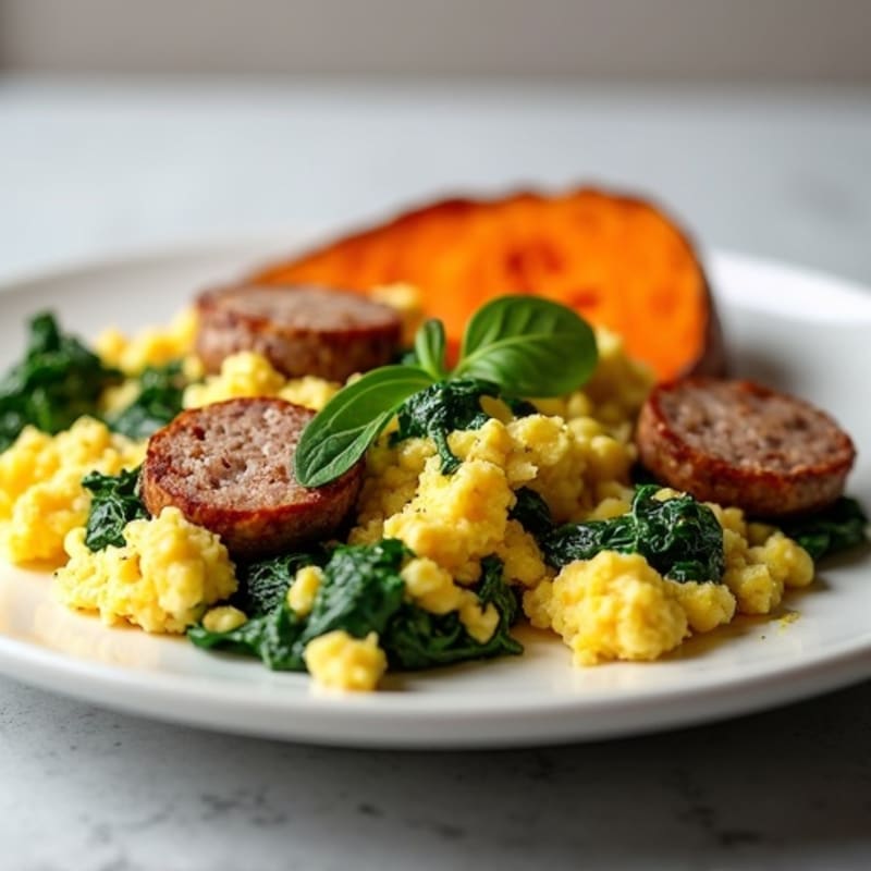 Egg White Spinach Scramble with Turkey Sausage and Roasted Sweet Potato