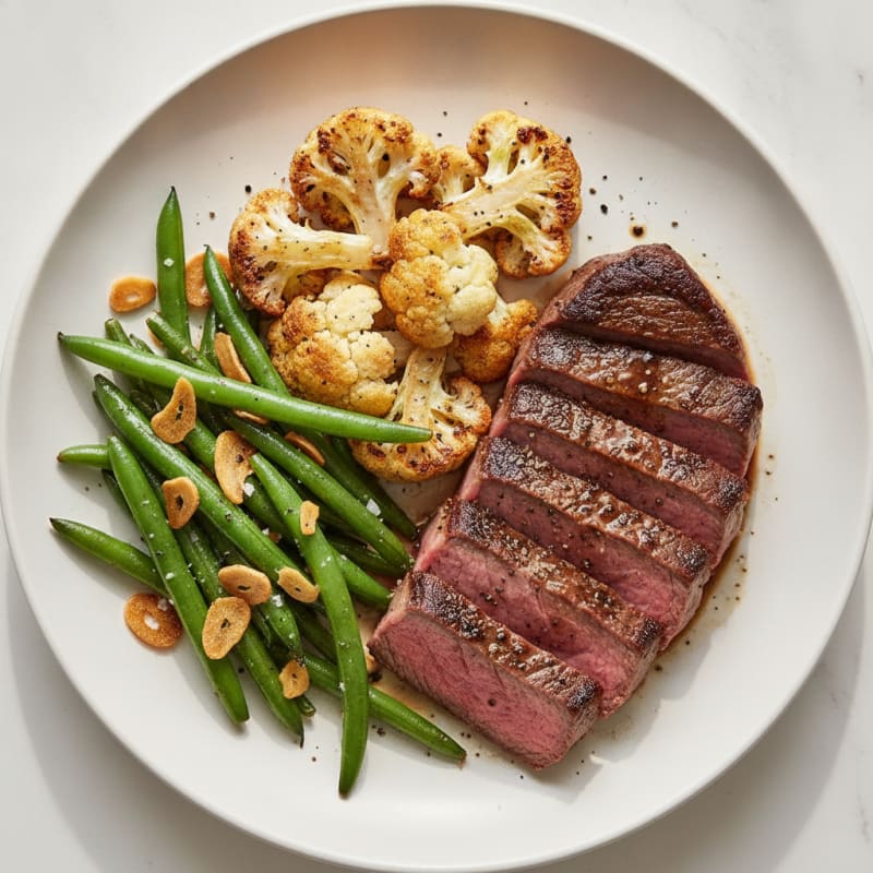 Seared Lean Beef Steak with Roasted Cauliflower and Garlic Green Beans