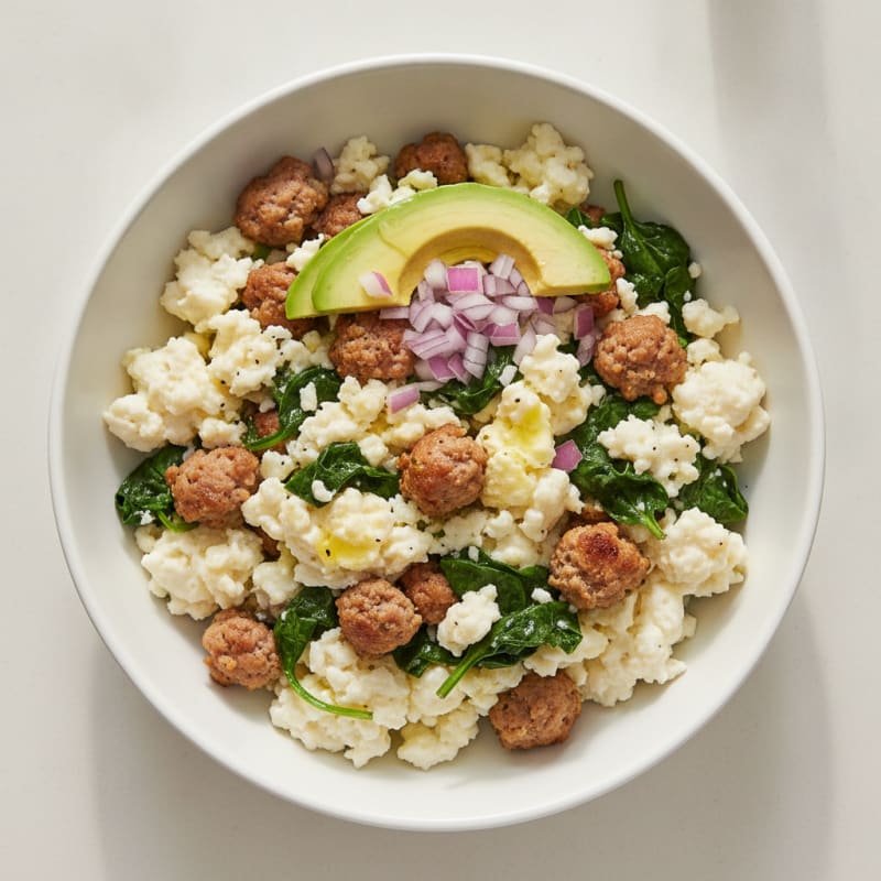 Egg White Scramble with Turkey Sausage and Sautéed Spinach