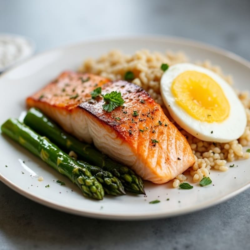 Seared Salmon Fillet with Steamed Asparagus and Brown Rice