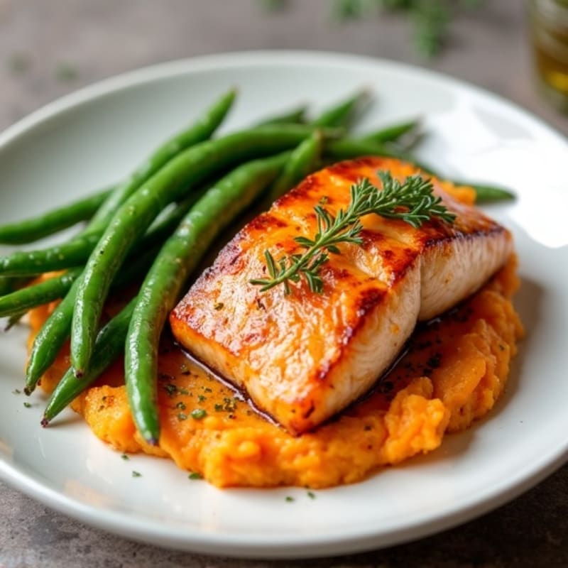 Seared Salmon with Garlic Green Beans and Sweet Potato Mash