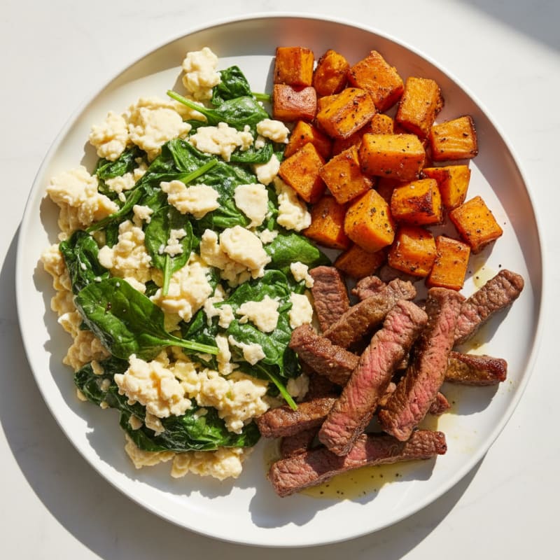 Egg White and Spinach Scramble with Sautéed Steak Strips