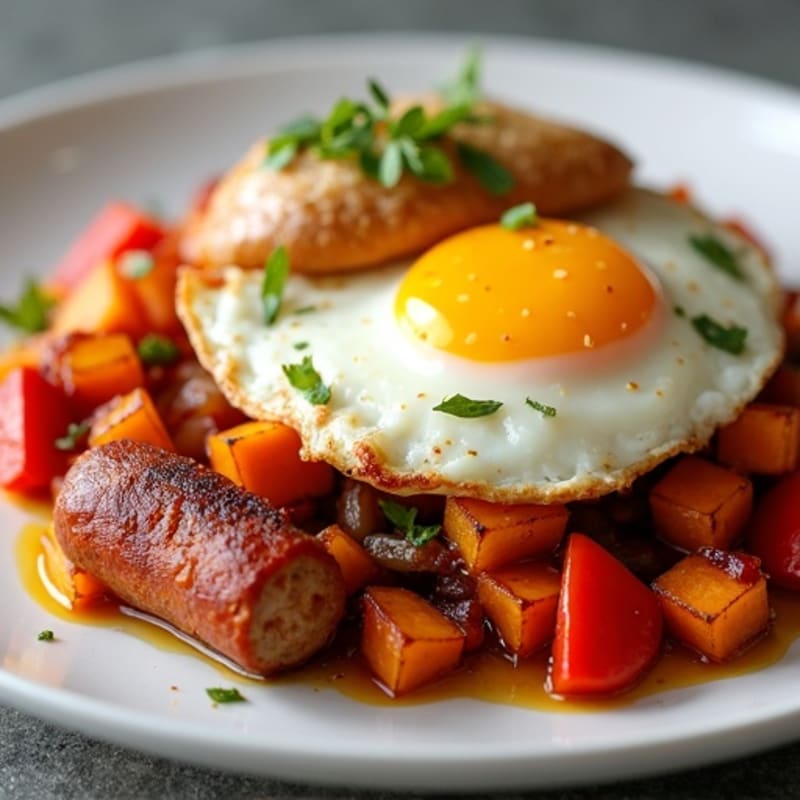 Crispy Sweet Potato and Turkey Sausage Hash with Baked Eggs