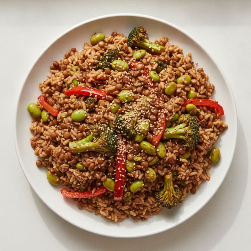 Lentil and Vegetable Stir Fry with Edamame and Brown Rice
