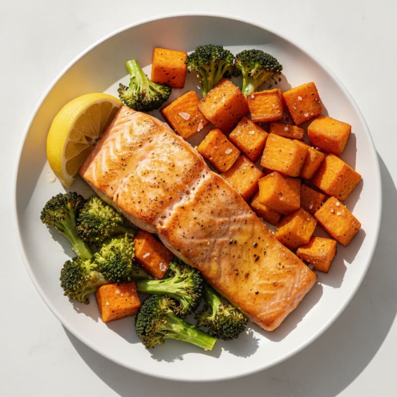 Seared Salmon Fillet with Roasted Broccoli and Sweet Potato