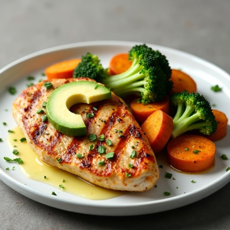 Grilled Chicken Breast with Roasted Sweet Potatoes and Broccoli
