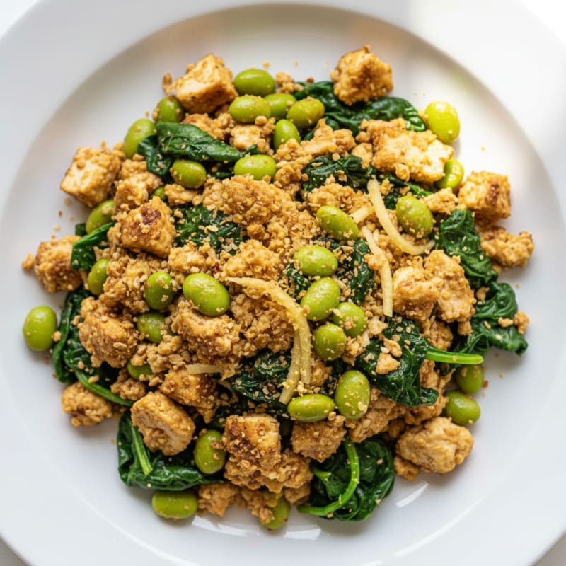Silky Tofu Scramble with Edamame and Sautéed Spinach
