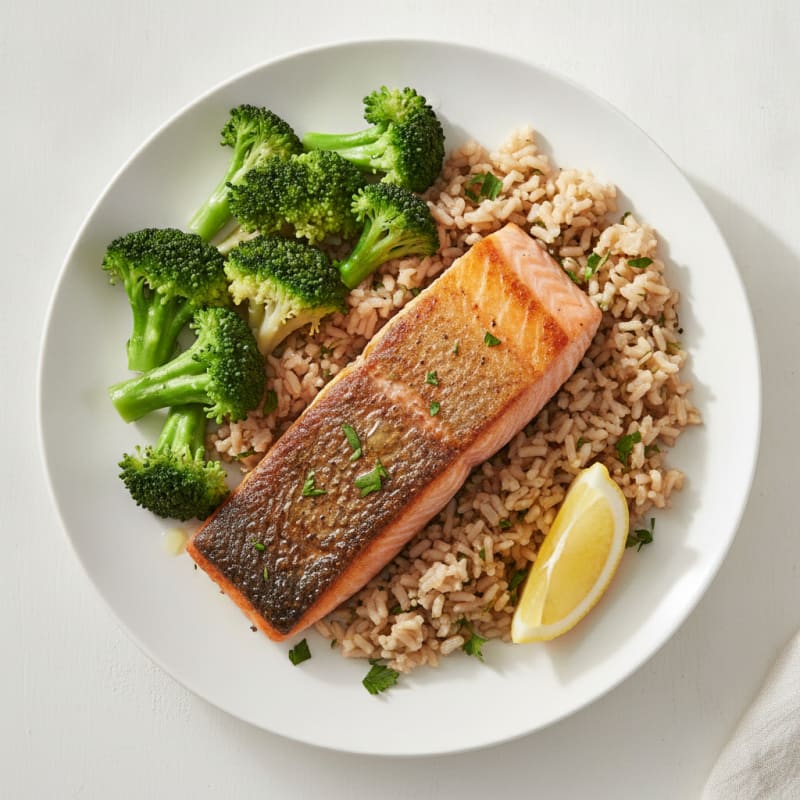 Seared Salmon with Steamed Broccoli and Herb Brown Rice