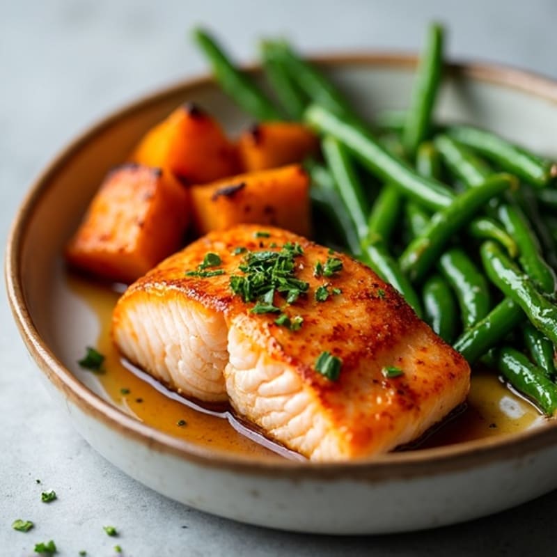 Flaky Maple-Glazed Salmon with Roasted Sweet Potatoes and Crispy Green Beans