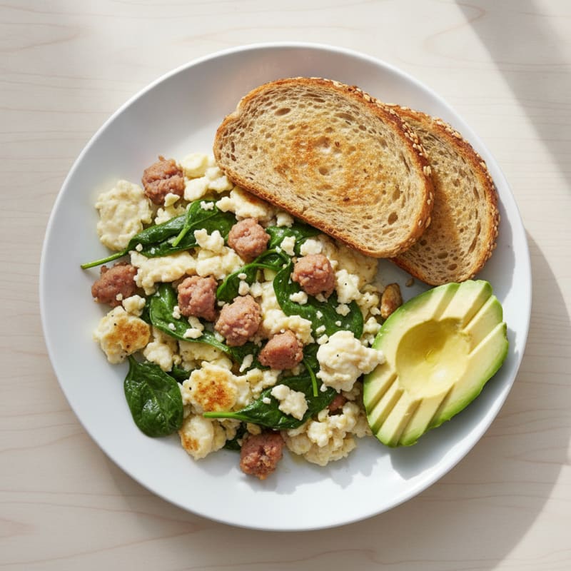 Egg White and Spinach Scramble with Turkey Sausage