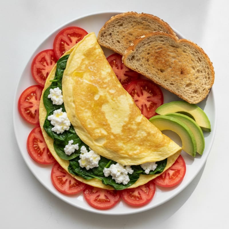 Egg White Spinach Omelette with Cottage Cheese and Sliced Tomatoes