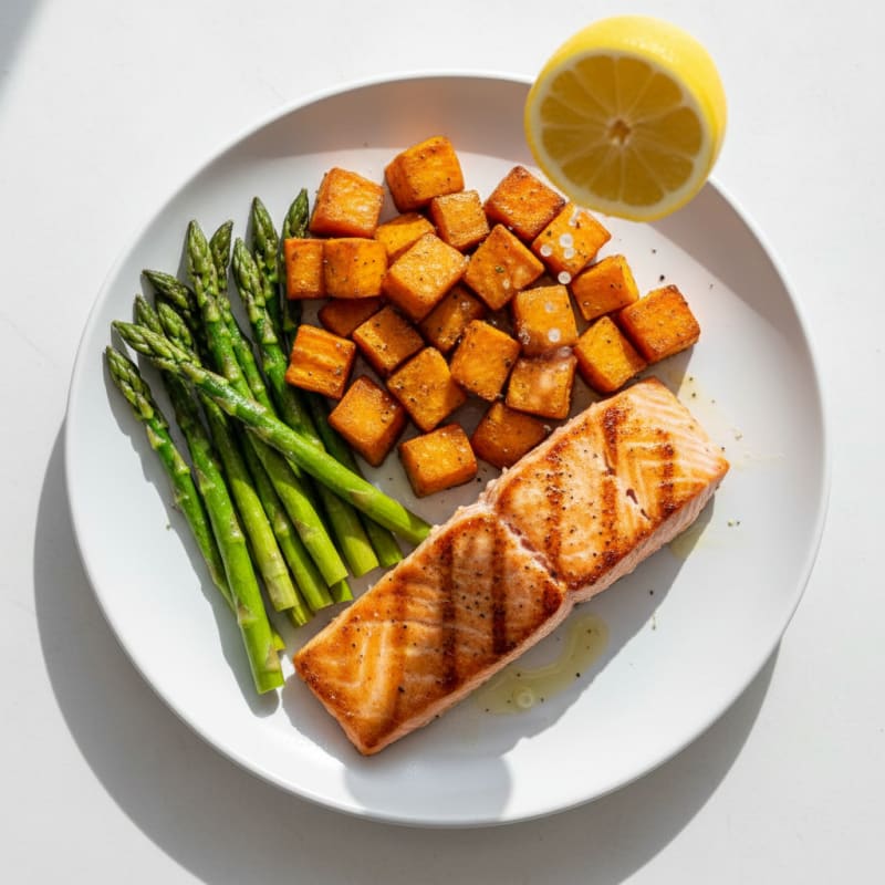 Seared Salmon with Roasted Sweet Potato and Asparagus