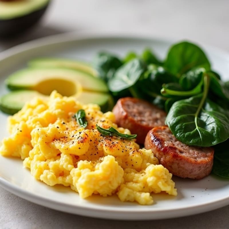 Scrambled Egg Whites with Turkey Sausage, Spinach, and Avocado
