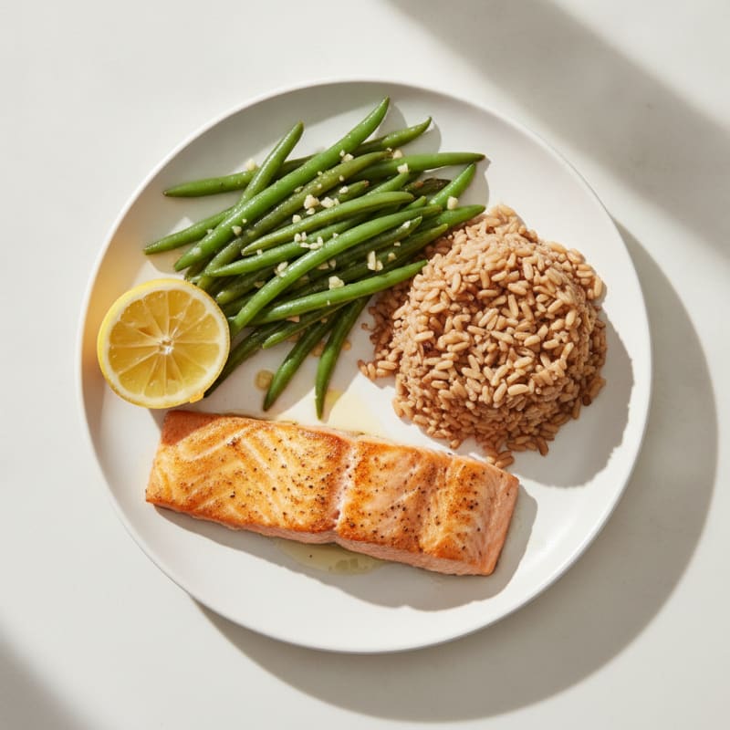 Seared Salmon Fillet with Garlic Green Beans and Brown Rice