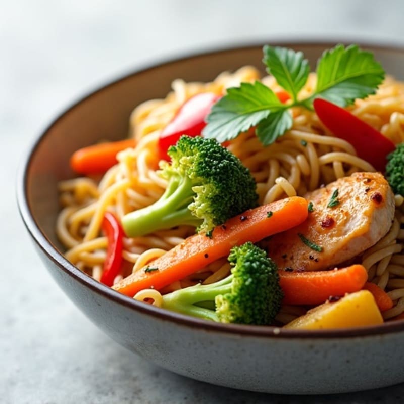 Garlic Ginger Chicken with Rice Noodles and Fresh Vegetables