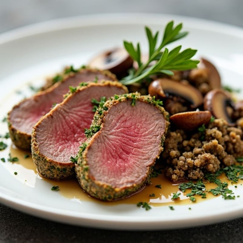 Herb-Crusted Beef Tenderloin with Mushroom Duxelles