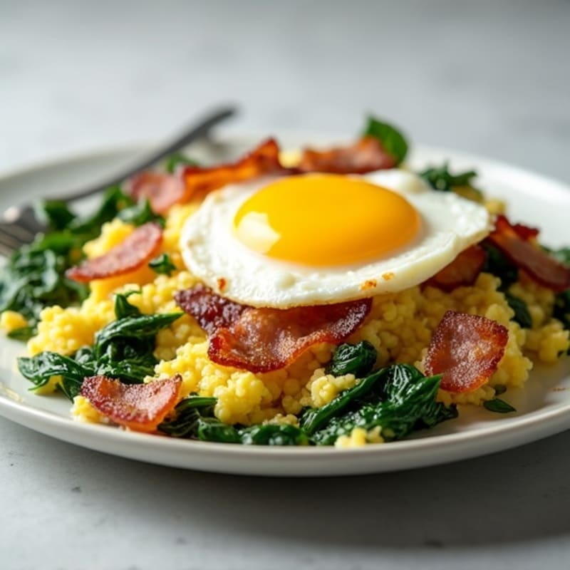 Cottage Cheese Egg White Scramble with Spinach and Turkey Bacon