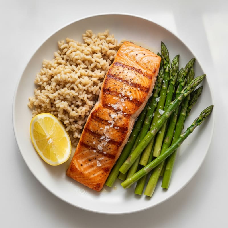 Seared Salmon with Steamed Asparagus and Brown Rice