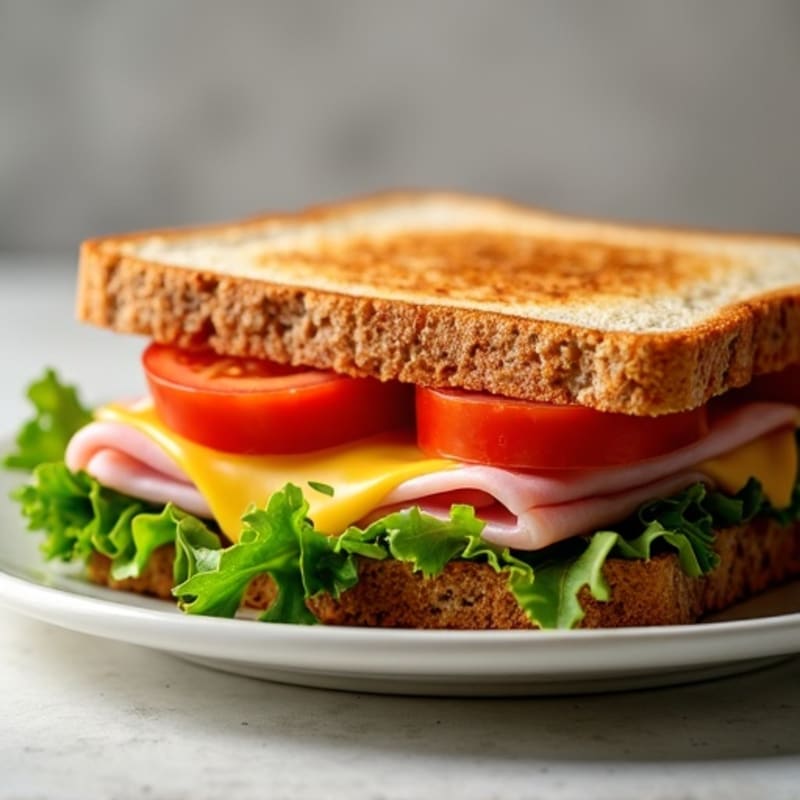 Lean Ham and Swiss Melt with Crispy Whole Grain Bread and Fresh Greens