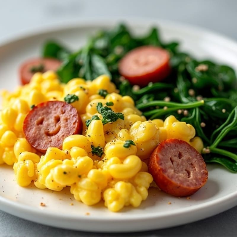 High-Protein Fluffy Egg Scramble with Sautéed Spinach and Lean Turkey Sausage