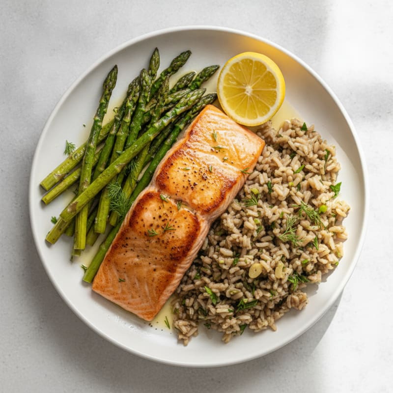 Seared Salmon with Roasted Asparagus and Herb Rice
