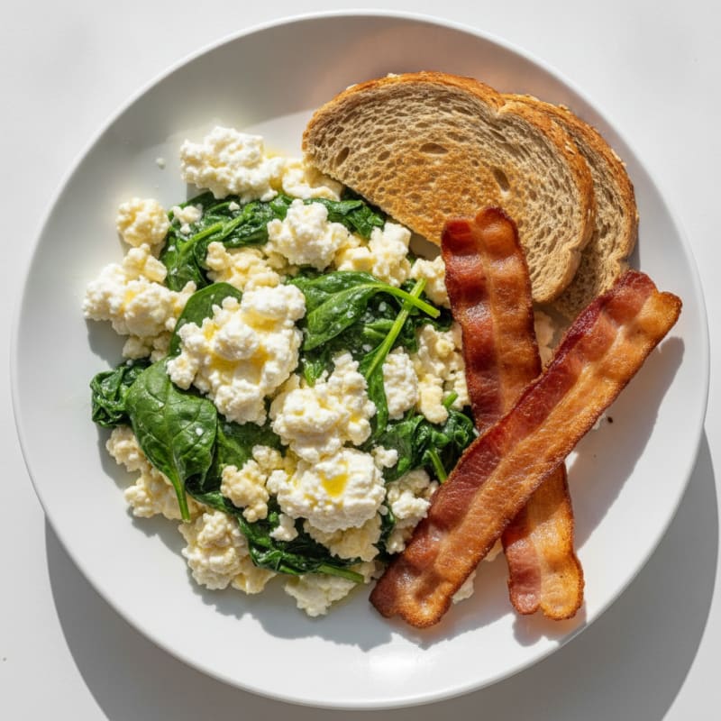 Egg White Spinach Scramble with Cottage Cheese and Turkey Bacon