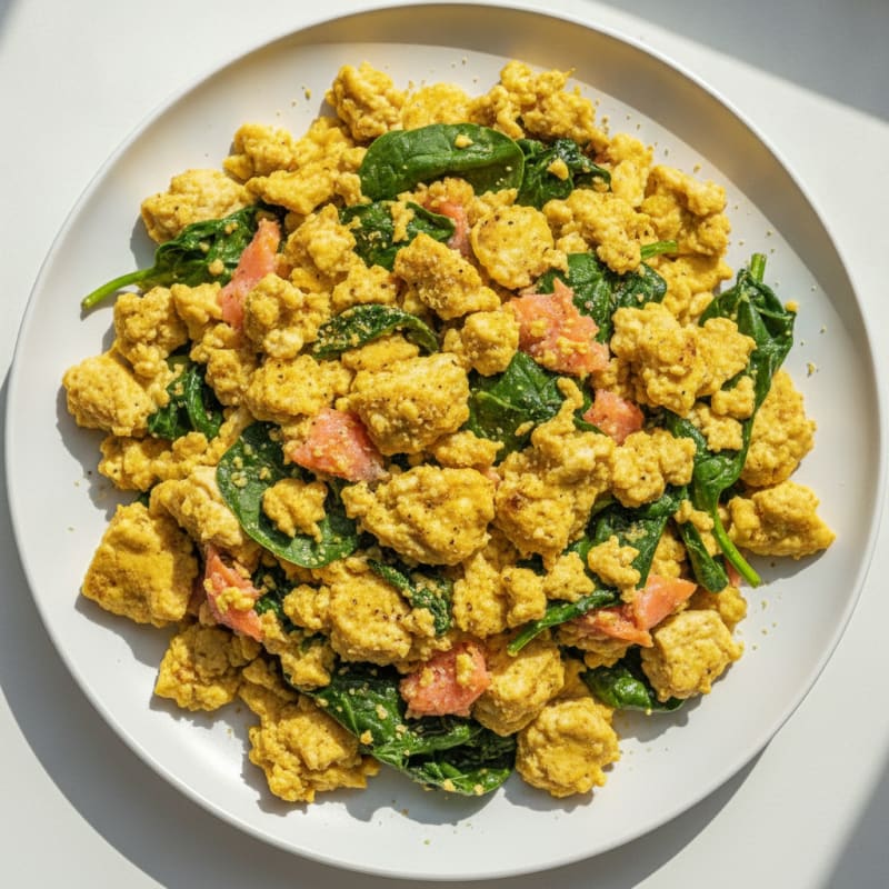 Silken Tofu and Smoked Salmon Scramble with Spinach