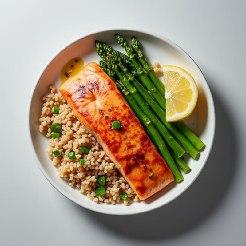 Seared Salmon with Steamed Asparagus and Brown Rice