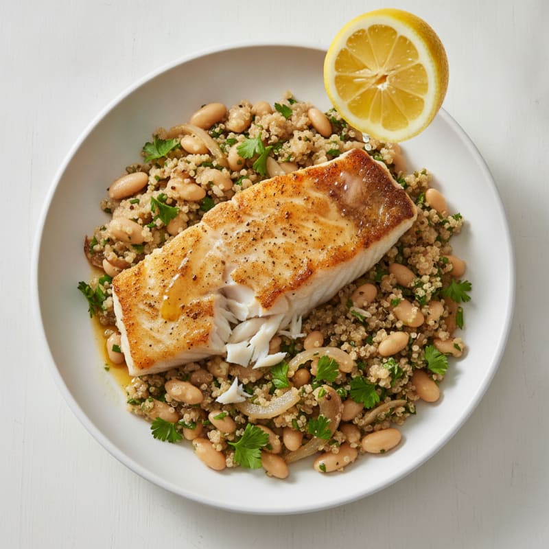 Seared White Fish with Herbed Bean and Quinoa Pilaf