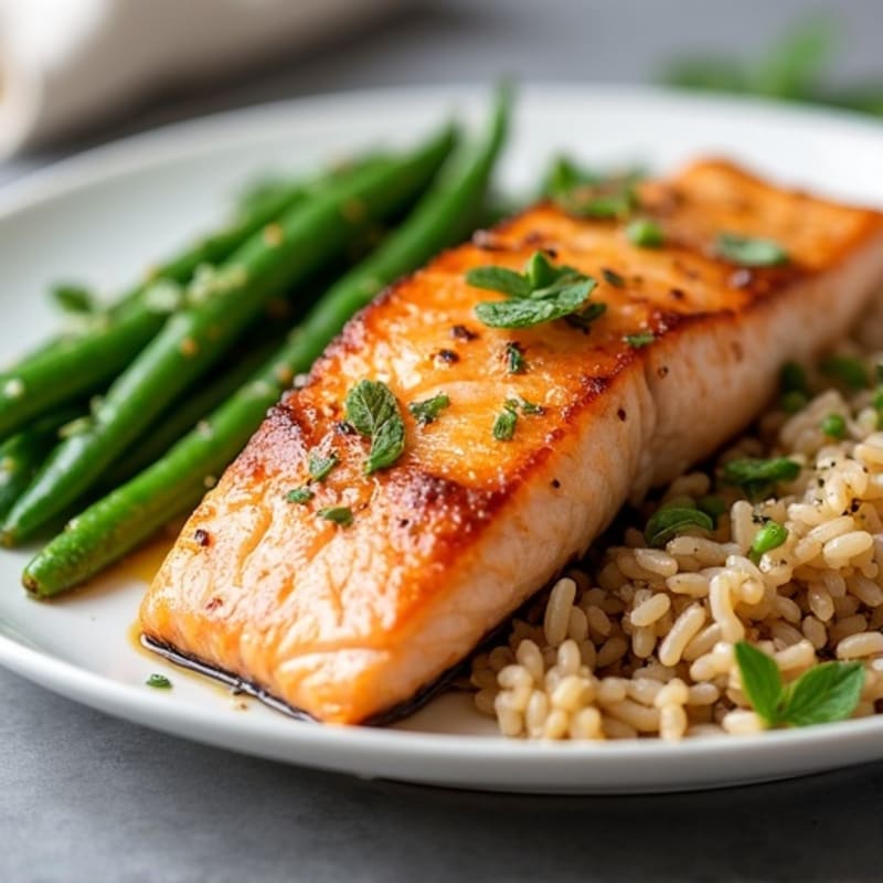 Seared Salmon with Garlic Green Beans and Brown Rice