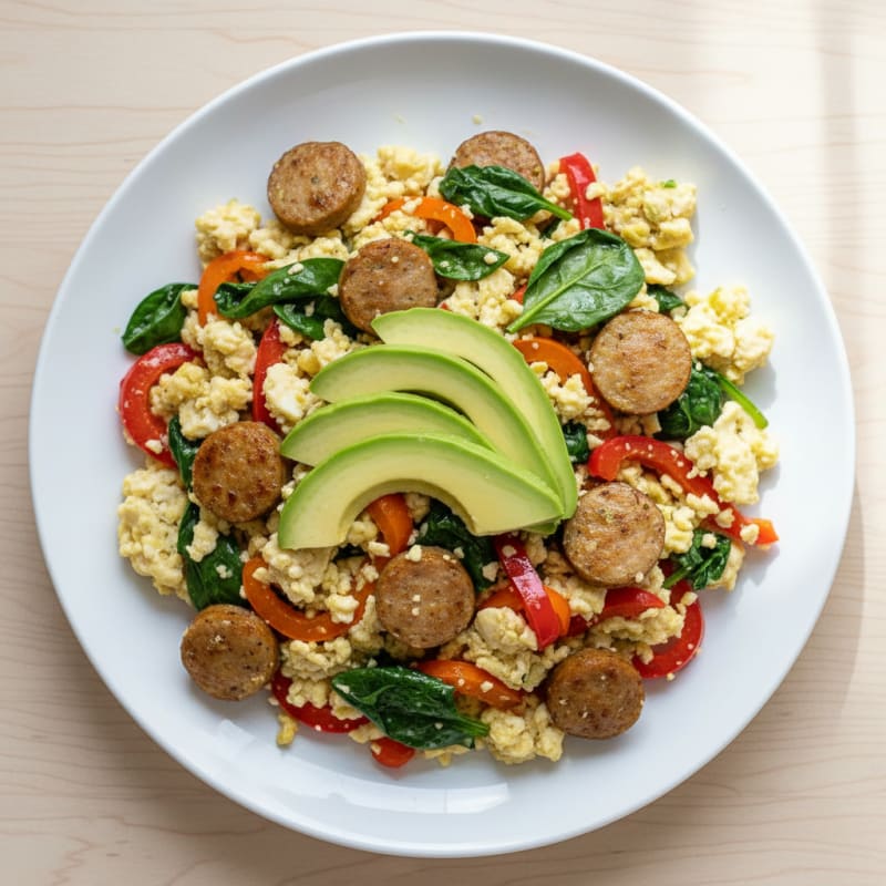 Egg White and Turkey Sausage Scramble with Spinach and Bell Peppers
