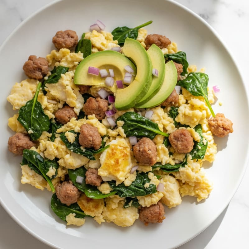 Egg White Spinach Scramble with Turkey Sausage