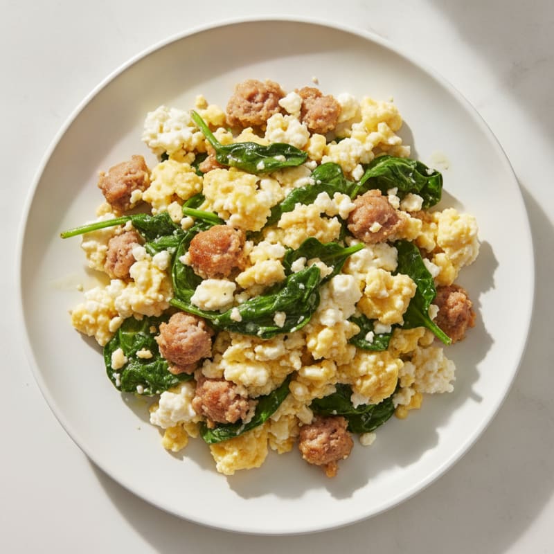 Cottage Cheese Scramble with Turkey Sausage and Spinach