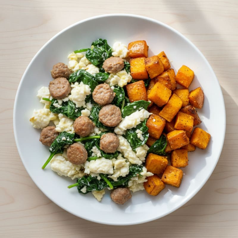 Egg White and Turkey Sausage Scramble with Spinach and Roasted Sweet Potato