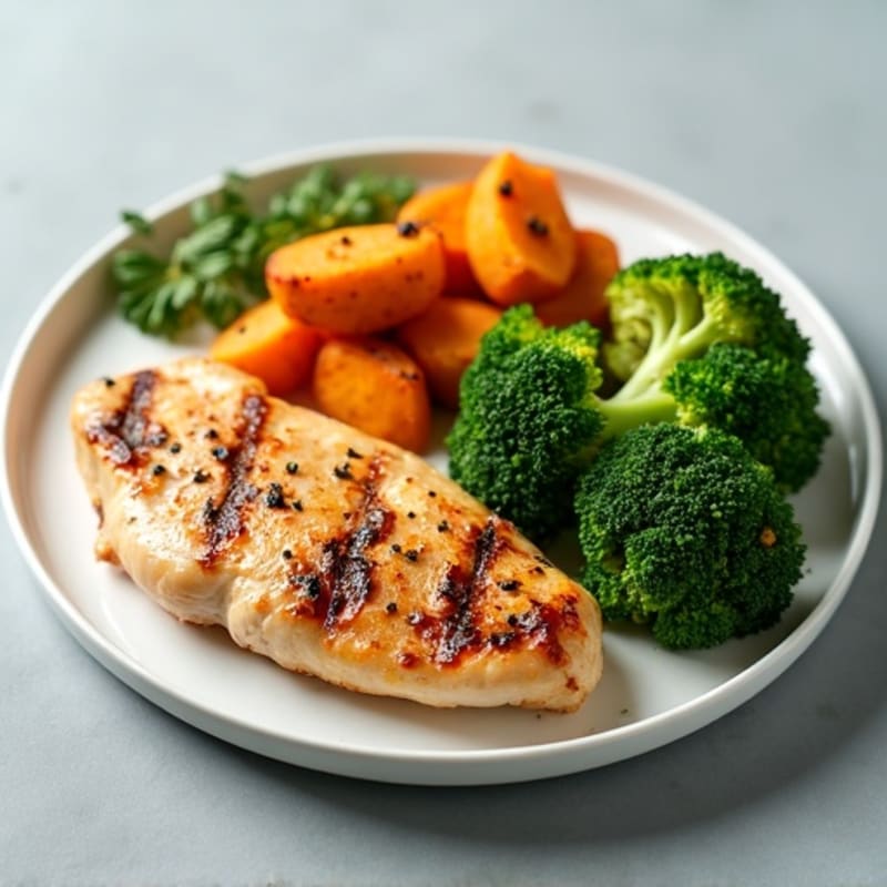 Grilled Chicken Breast with Roasted Sweet Potato and Steamed Broccoli
