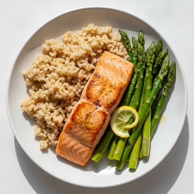 Seared Salmon with Steamed Asparagus and Brown Rice